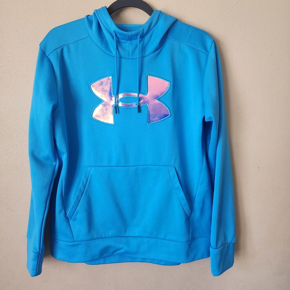 Under Armour Women Blue Long Sleeve Pullover Hoodie Iridescent Logo Sweatshirt S - Picture 2 of 6